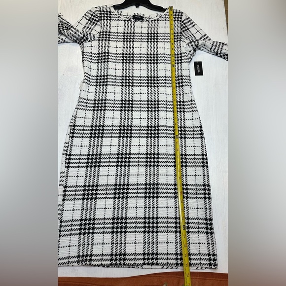 TACERA Black White Plaid Textured Midi Dress L Stretch 3/4 Sleeve Knit NWT - Picture 7 of 10